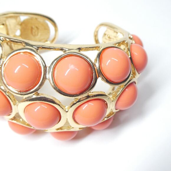 Kenneth Lane Hinged Cuff Bracelet Vintage Goldtone Coral Pink Bubble Chunky - Picture 12 of 15